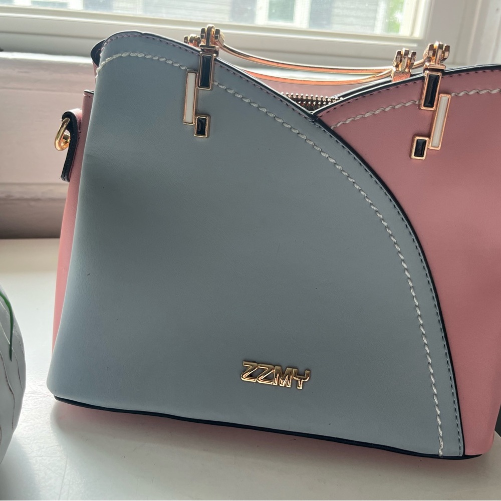 ZZMY Pink and Blue Satchel with Gold Hardware